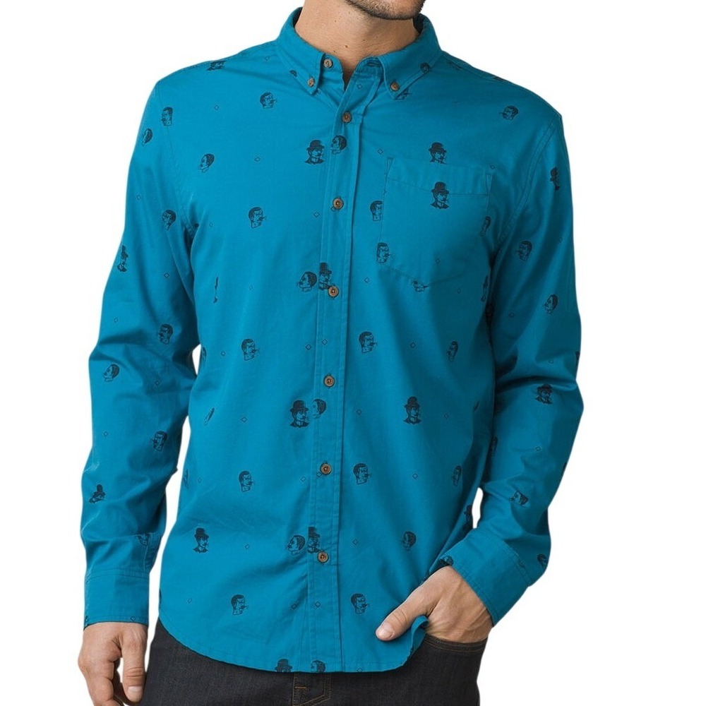 prAna Broderick Slim Shirt Mens L Blue Moustache Man Print Organic Cotton